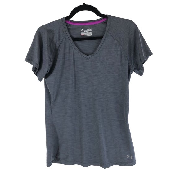 Under Armour Womens T Shirt Top Semi-Fitted HeatGear V Neck Short Sleeve Gray M - Picture 1 of 4